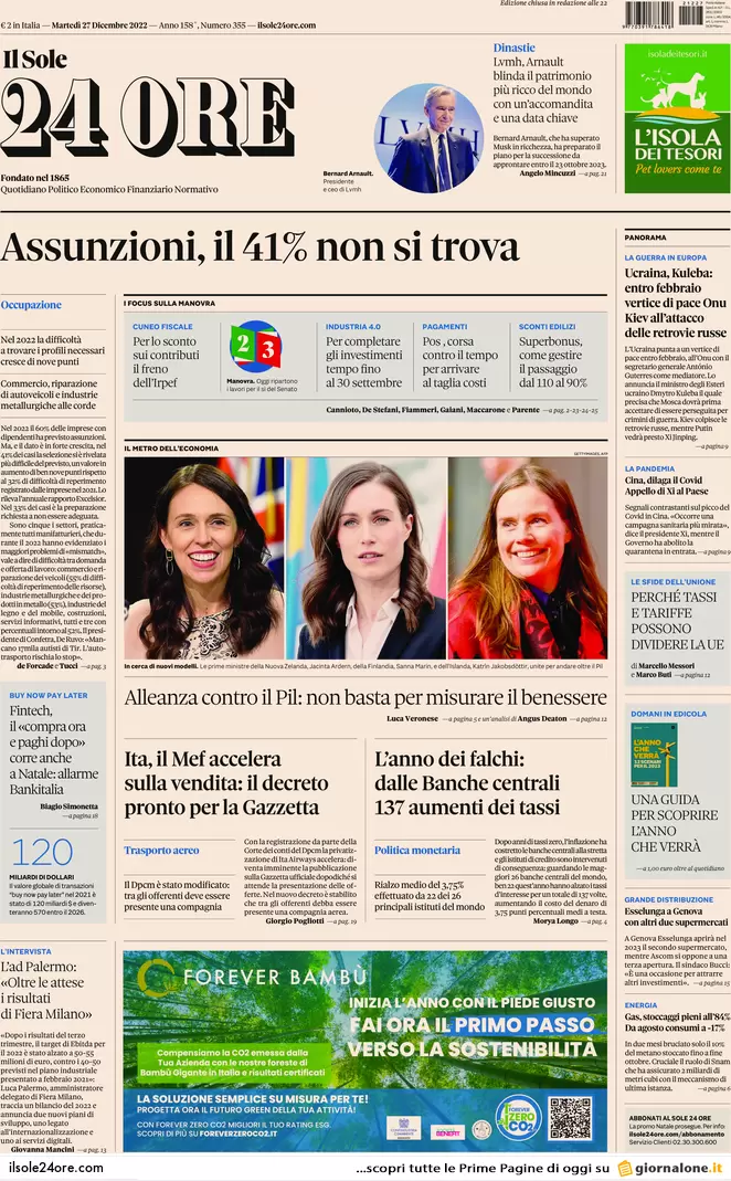 Prime pagine giornali economici 27 dicembre. Assunzioni, il 41% non si trova Prime pagine giornali economici 27 dicembre. Assunzioni, il 41% non si trova