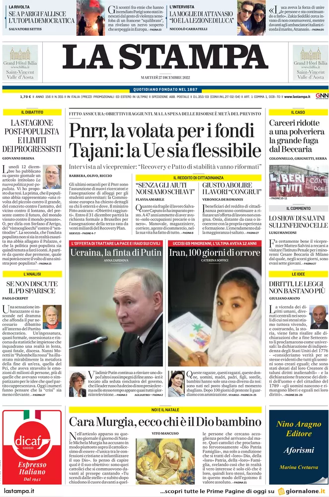 Prime pagine giornali 27 dicembre 2022. Sicurezza, il piano svuota carceri
