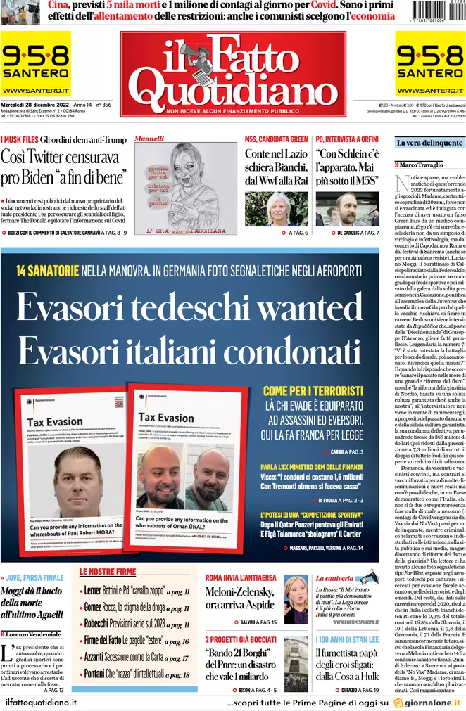 Prime pagine giornali 28 dicembre 2022. Sanità italiana in agonia: fuga medici Prime pagine giornali 28 dicembre 2022. Sanità italiana in agonia: fuga medici