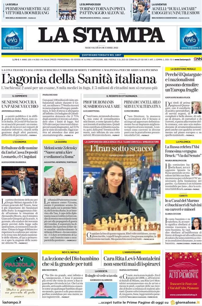 Prime pagine giornali 28 dicembre 2022. Sanità italiana in agonia: fuga medici Prime pagine giornali 28 dicembre 2022. Sanità italiana in agonia: fuga medici