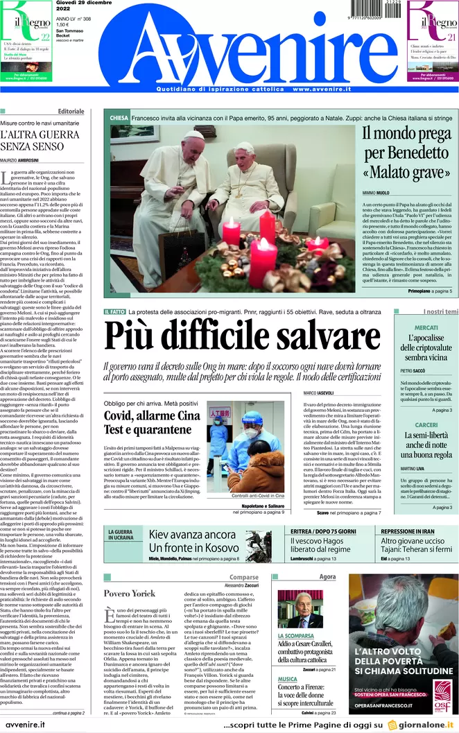 Prime pagine giornali 29 dicembre 2022. Multe e sequestri, la lotta alle Ong