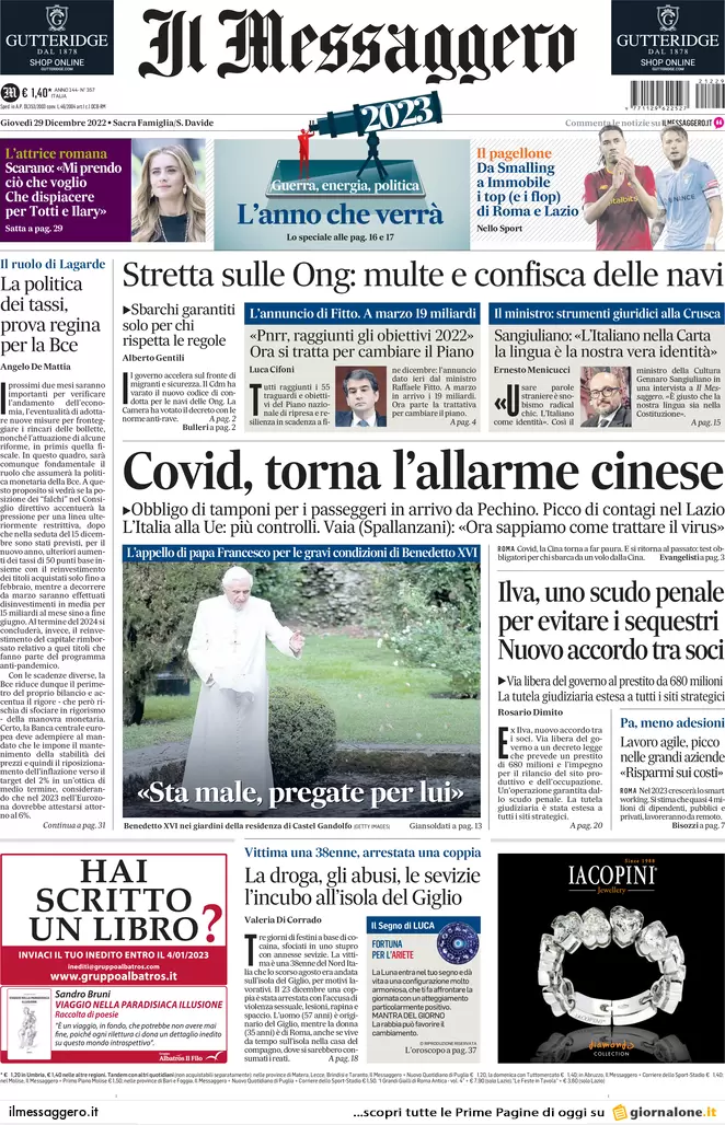 Prime pagine giornali 29 dicembre 2022. Multe e sequestri, la lotta alle Ong