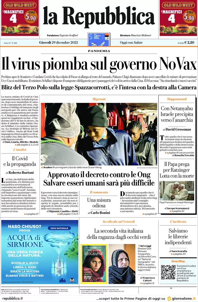 Prime pagine giornali 29 dicembre 2022. Multe e sequestri, la lotta alle Ong