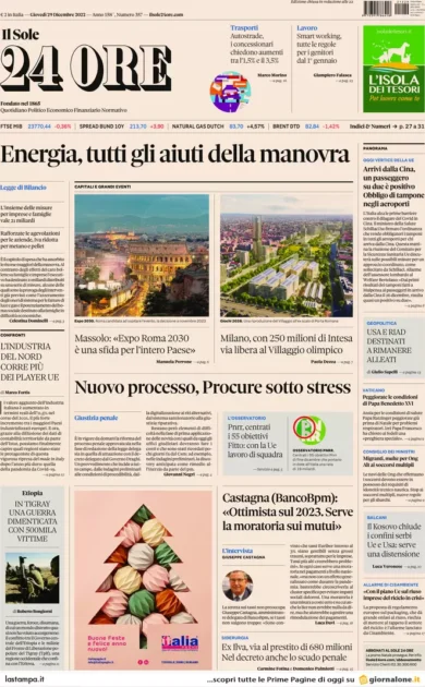 Prime pagine giornali economici 29 dicembre. Energia, gli aiuti in manovra