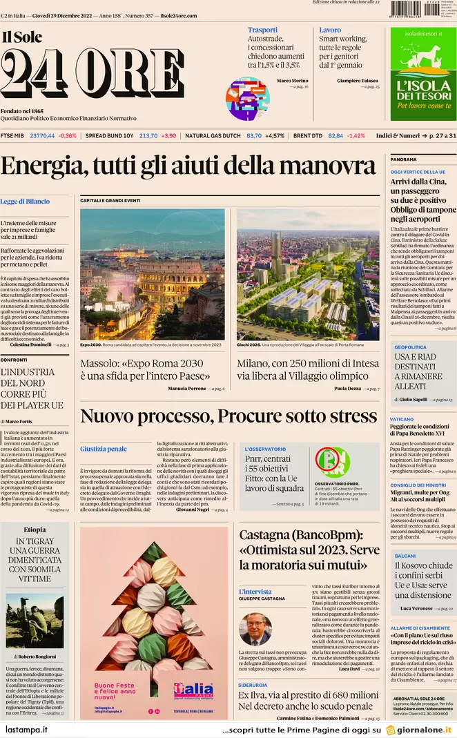 Prime pagine giornali economici 29 dicembre. Energia, gli aiuti in manovra Prime pagine giornali economici 29 dicembre. Energia, gli aiuti in manovra