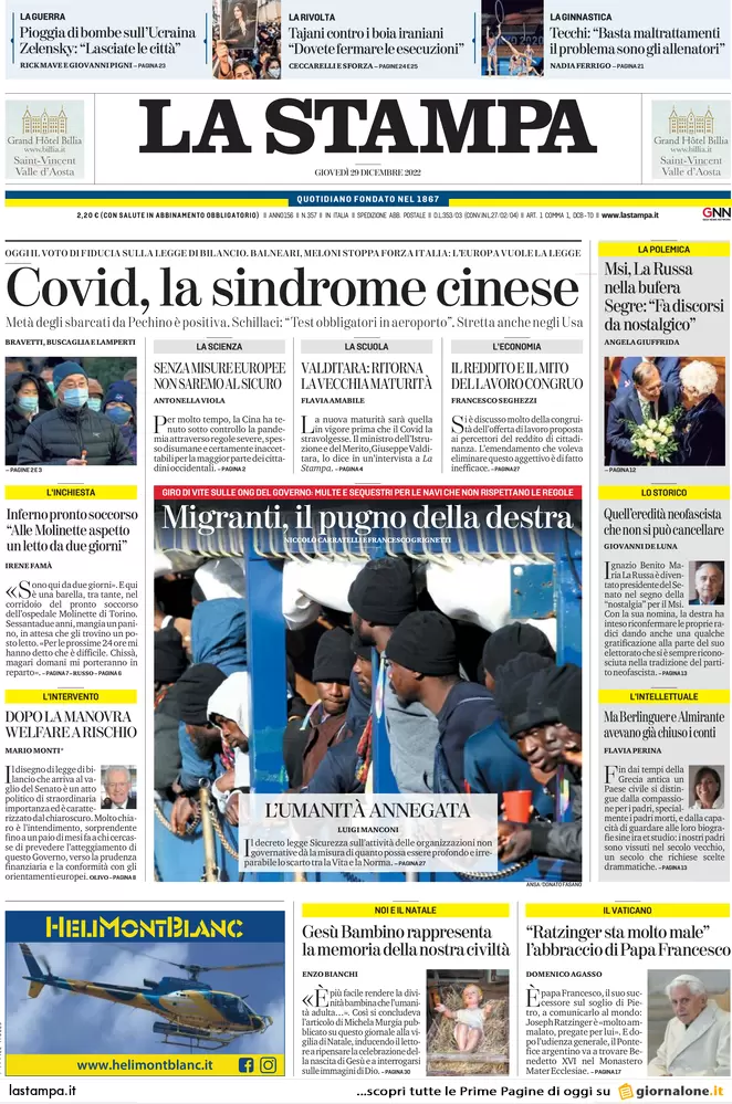 Prime pagine giornali 29 dicembre 2022. Multe e sequestri, la lotta alle Ong