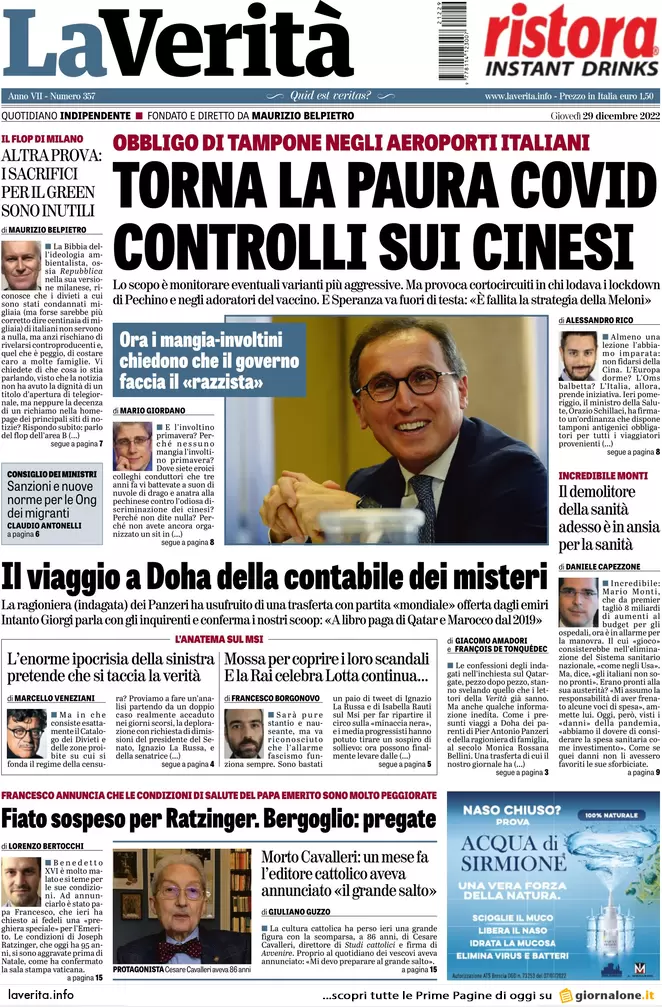 Prime pagine giornali 29 dicembre 2022. Multe e sequestri, la lotta alle Ong