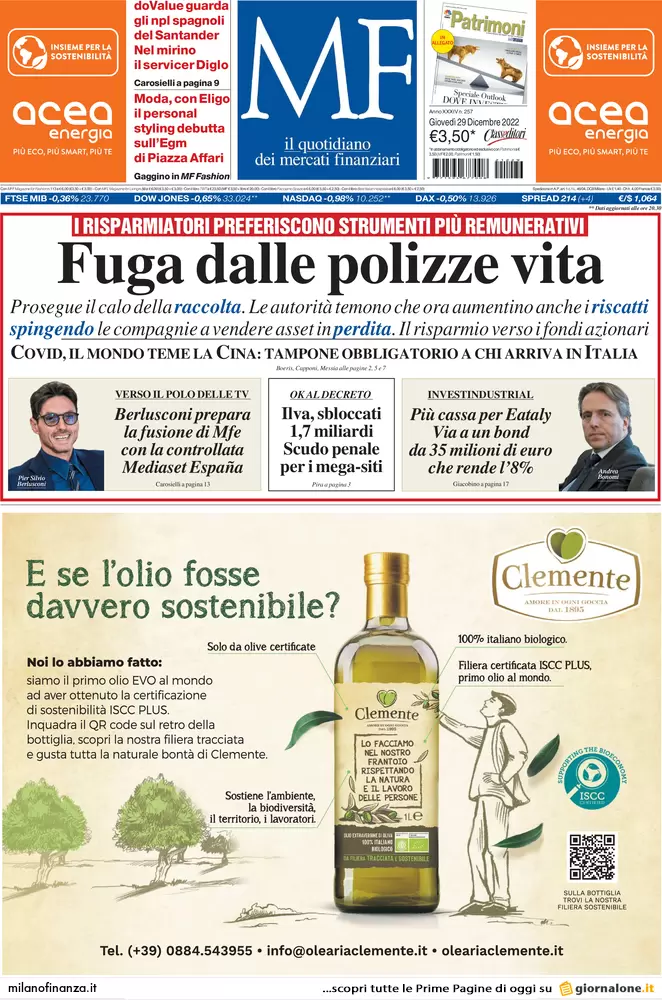 Prime pagine giornali economici 29 dicembre. Energia, gli aiuti in manovra Prime pagine giornali economici 29 dicembre. Energia, gli aiuti in manovra