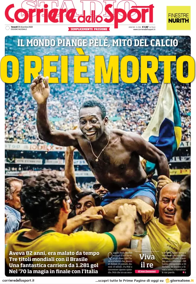 Prime pagine giornali 30 dicembre 2022. Addio a Pelè, morto il Re del calcio