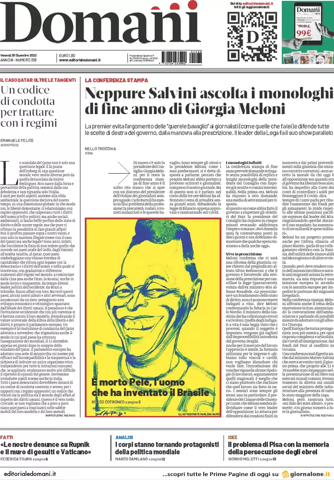 Prime pagine giornali 30 dicembre 2022. Addio a Pelè, morto il Re del calcio