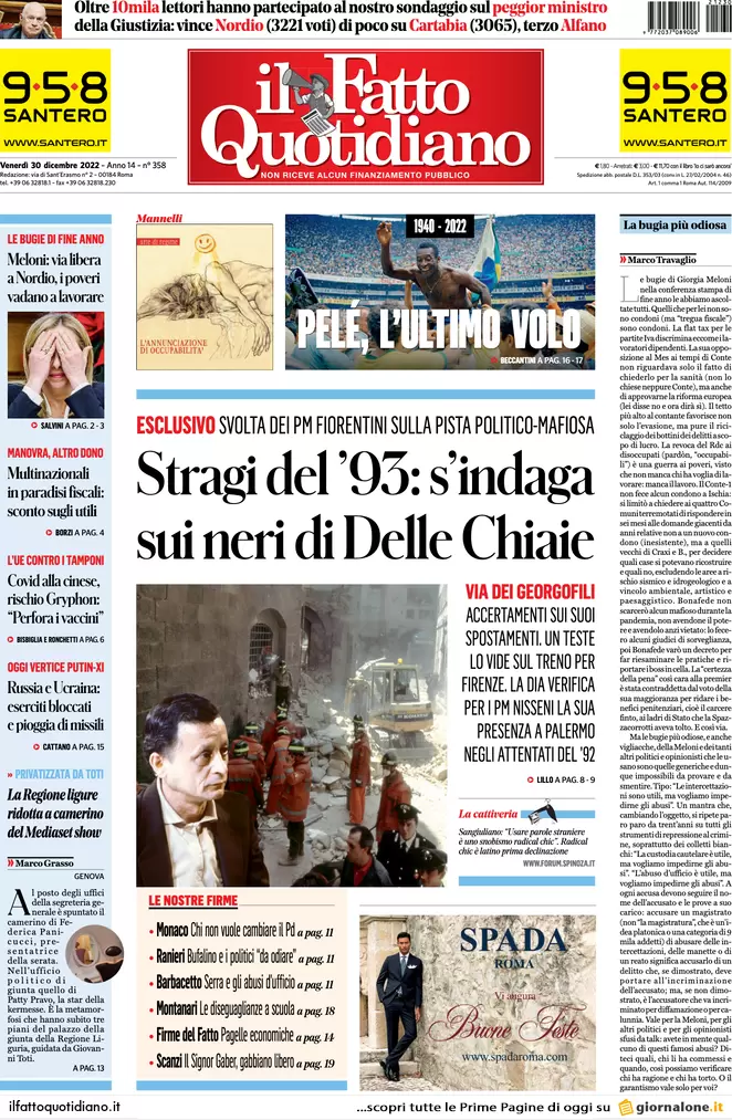 Prime pagine giornali 30 dicembre 2022. Addio a Pelè, morto il Re del calcio