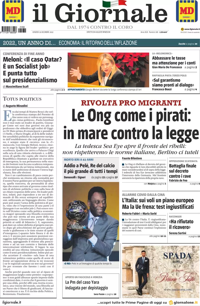 Prime pagine giornali 30 dicembre 2022. Addio a Pelè, morto il Re del calcio