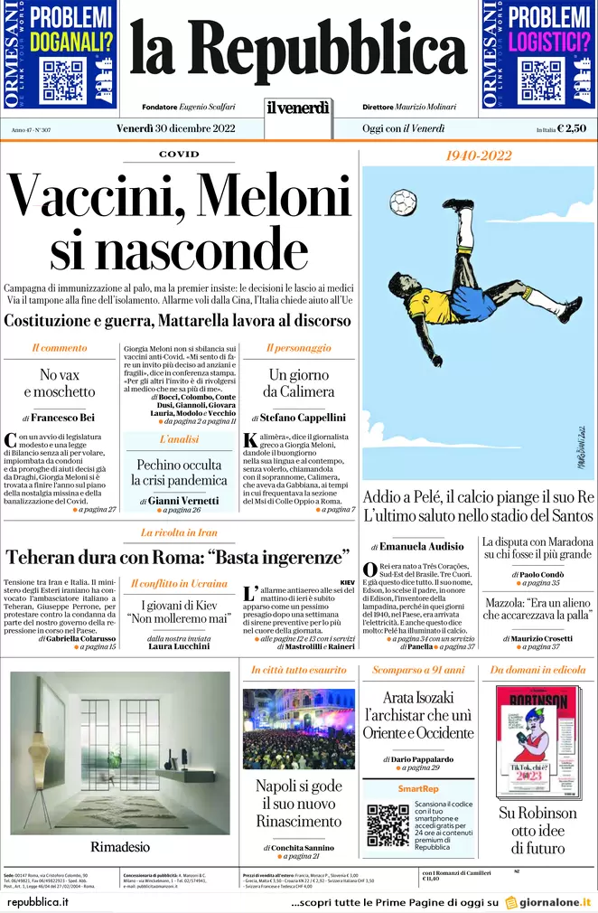 Prime pagine giornali 30 dicembre 2022. Addio a Pelè, morto il Re del calcio