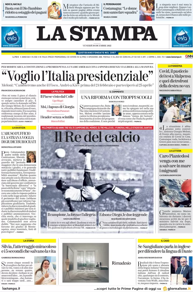 Prime pagine giornali 30 dicembre 2022. Addio a Pelè, morto il Re del calcio