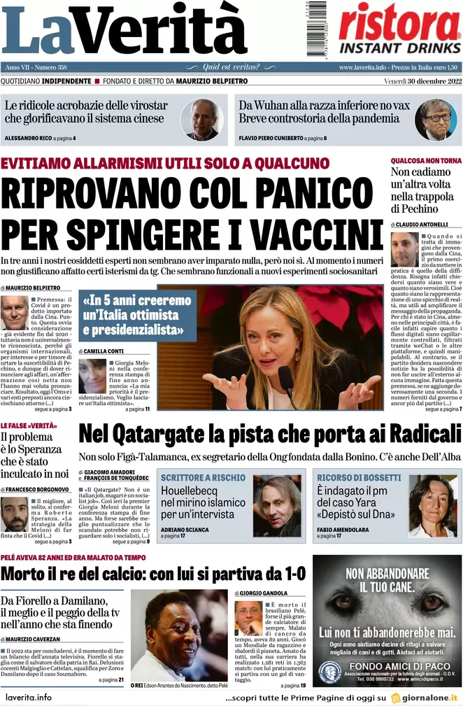 Prime pagine giornali 30 dicembre 2022. Addio a Pelè, morto il Re del calcio