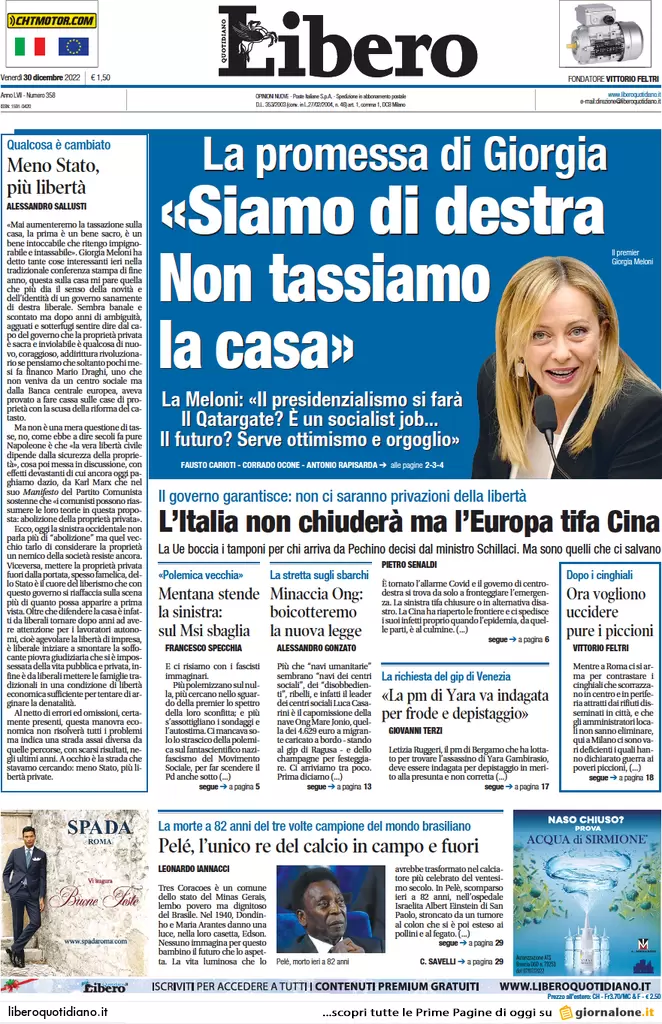 Prime pagine giornali 30 dicembre 2022. Addio a Pelè, morto il Re del calcio
