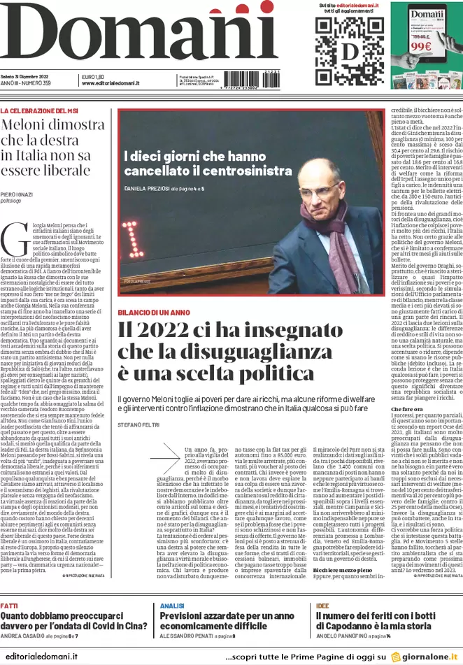 Prime pagine giornali 31 dicembre 2022. Allarme Covid e rincari in autostrada