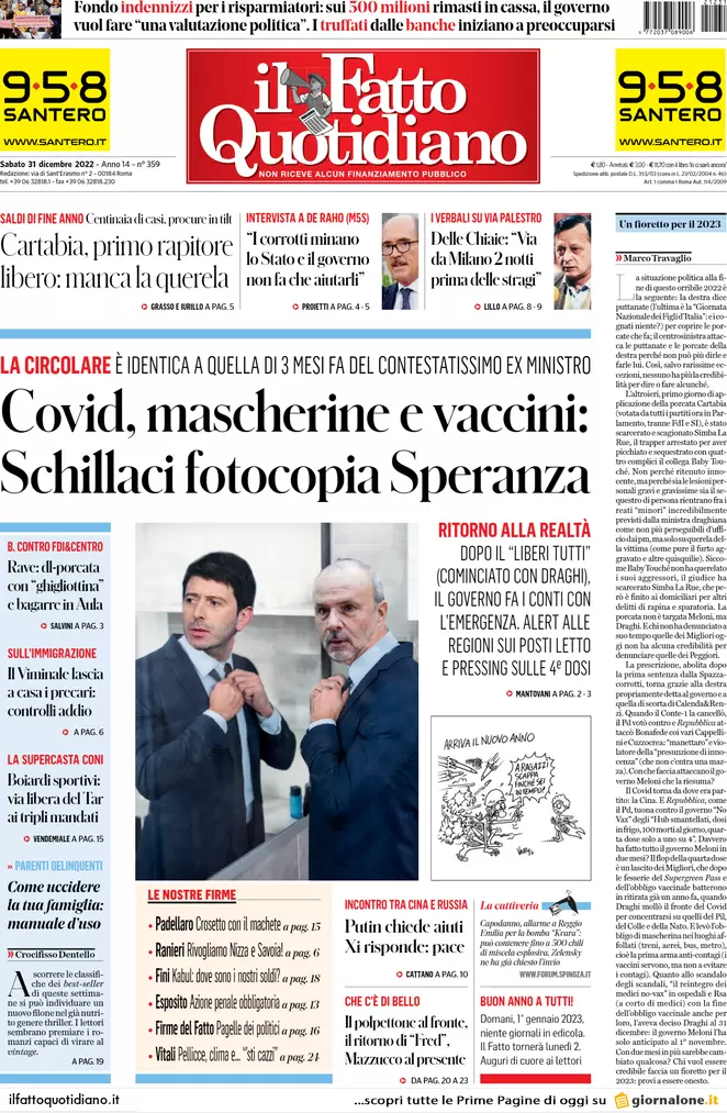 Prime pagine giornali 31 dicembre 2022. Allarme Covid e rincari in autostrada