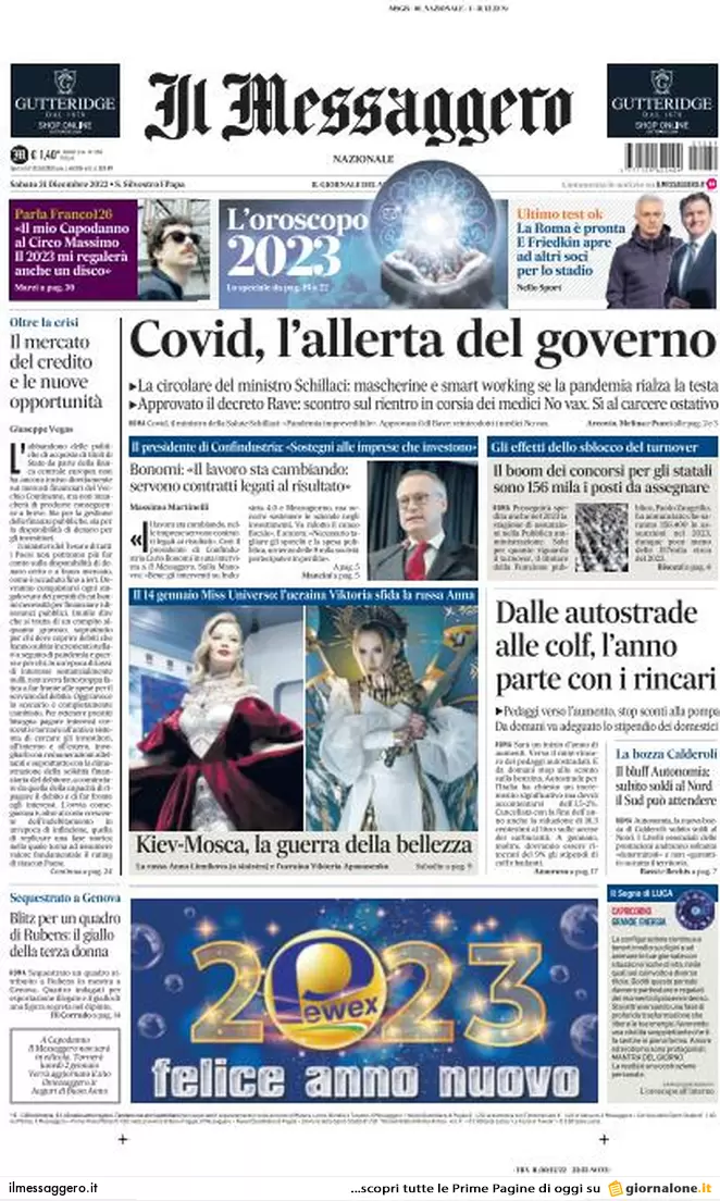 Prime pagine giornali 31 dicembre 2022. Allarme Covid e rincari in autostrada