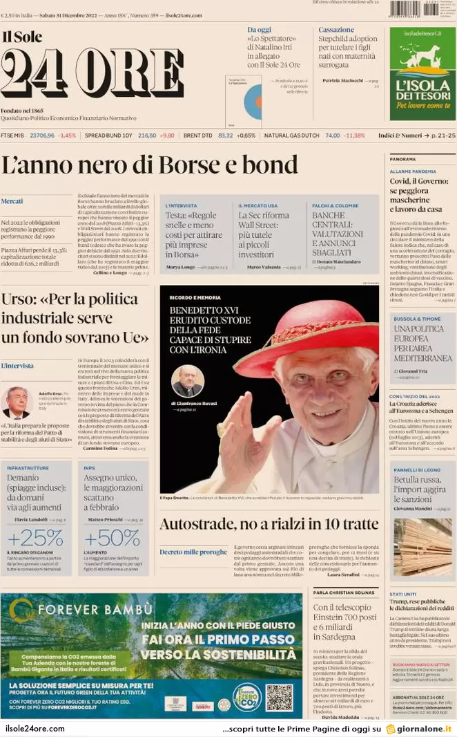 Prime pagine giornali economici 31 dicembre. Borsa: anno no. Bollette bloccate
