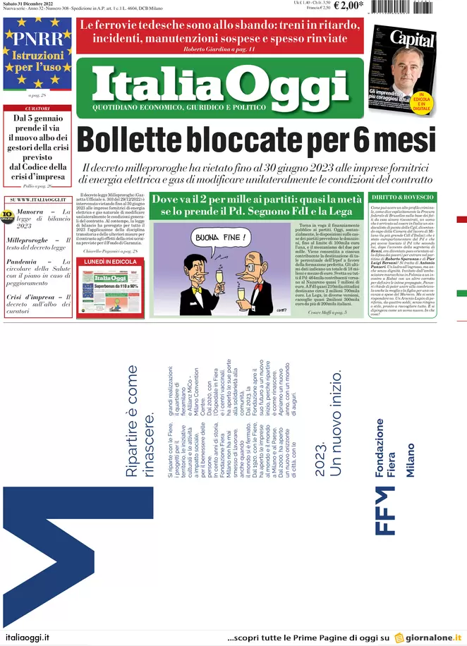Prime pagine giornali economici 31 dicembre. Borsa: anno no. Bollette bloccate