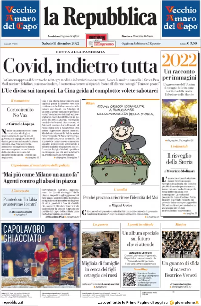Prime pagine giornali 31 dicembre 2022. Allarme Covid e rincari in autostrada