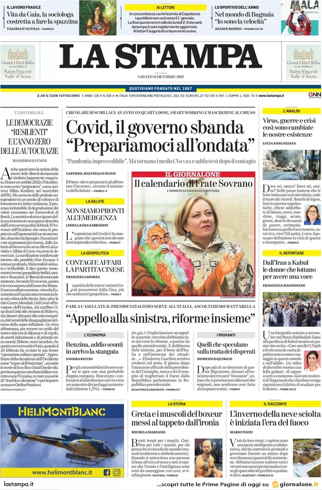 Prime pagine giornali 31 dicembre 2022. Allarme Covid e rincari in autostrada