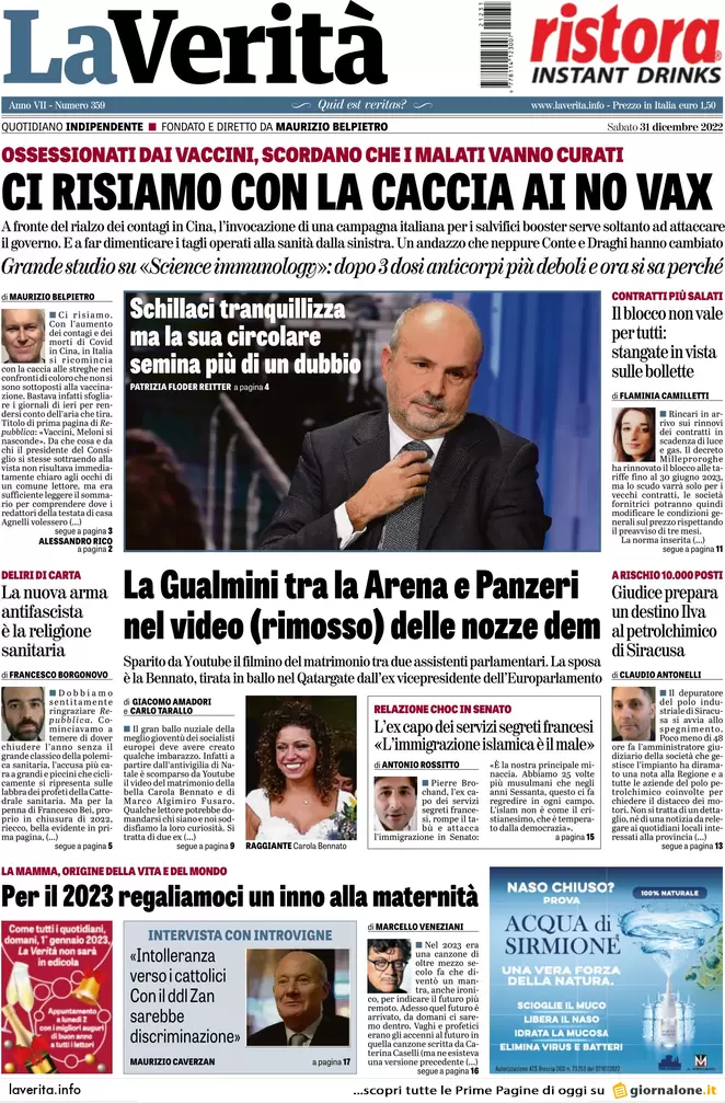 Prime pagine giornali 31 dicembre 2022. Allarme Covid e rincari in autostrada