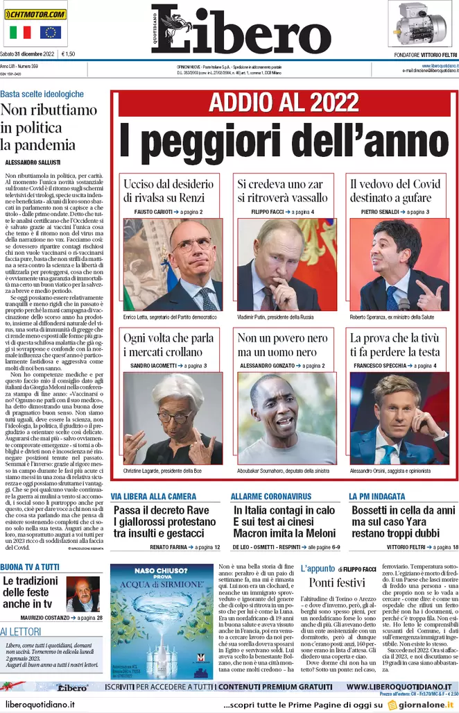 Prime pagine giornali 31 dicembre 2022. Allarme Covid e rincari in autostrada