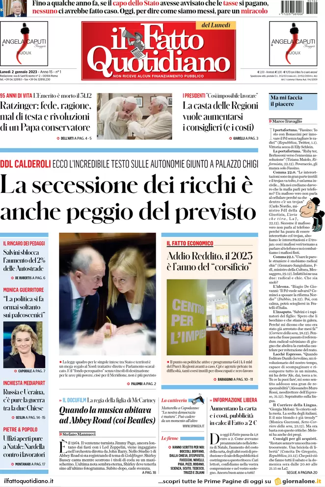 Prime pagine giornali 2 gennaio 2023. Mattarella, richiamo su riforme e fisco Prime pagine giornali 2 gennaio 2023. Mattarella, richiamo su riforme e fisco