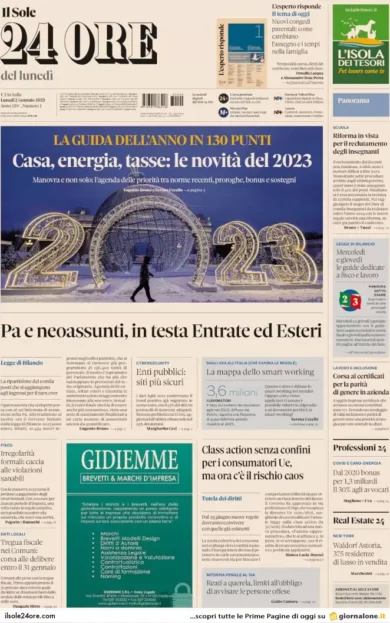 Prime pagine giornali economici 2 gennaio. Cambia il Superbonus, da 110% a 90