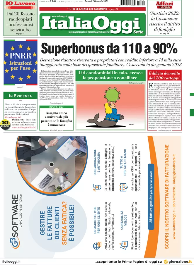 Prime pagine giornali economici 2 gennaio. Cambia il Superbonus, da 110% a 90