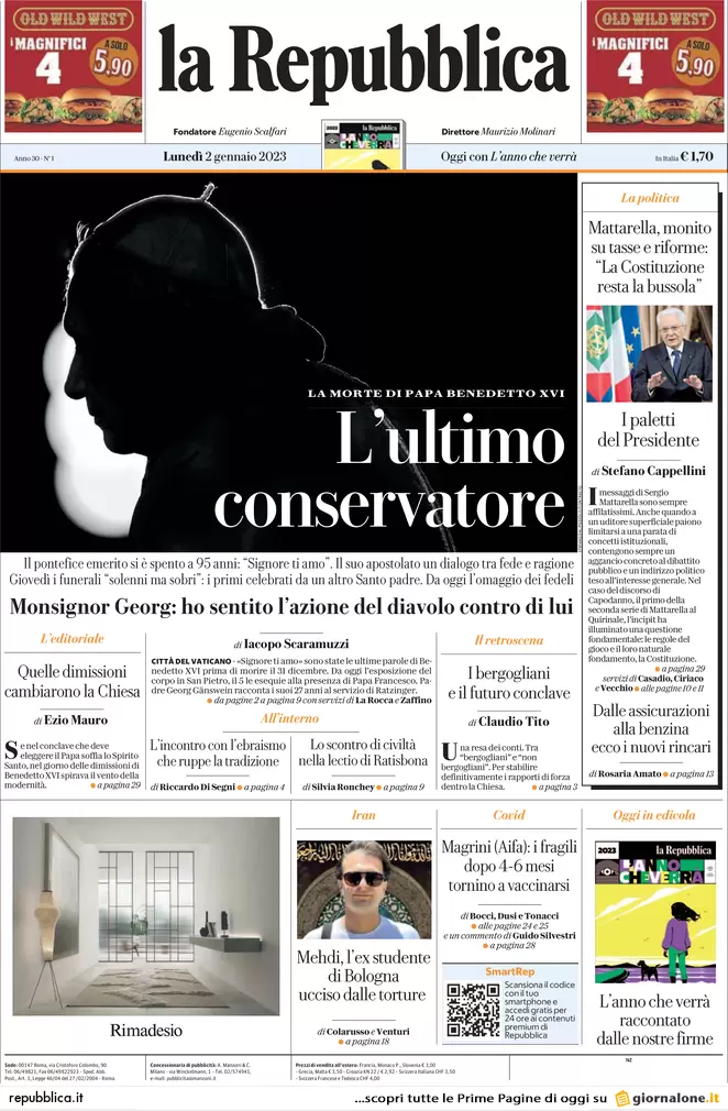 Prime pagine giornali 2 gennaio 2023. Mattarella, richiamo su riforme e fisco Prime pagine giornali 2 gennaio 2023. Mattarella, richiamo su riforme e fisco