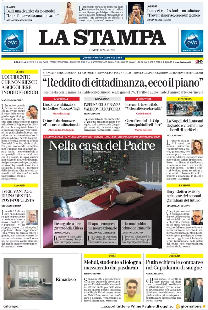 Prime pagine giornali 2 gennaio 2023. Mattarella, richiamo su riforme e fisco Prime pagine giornali 2 gennaio 2023. Mattarella, richiamo su riforme e fisco
