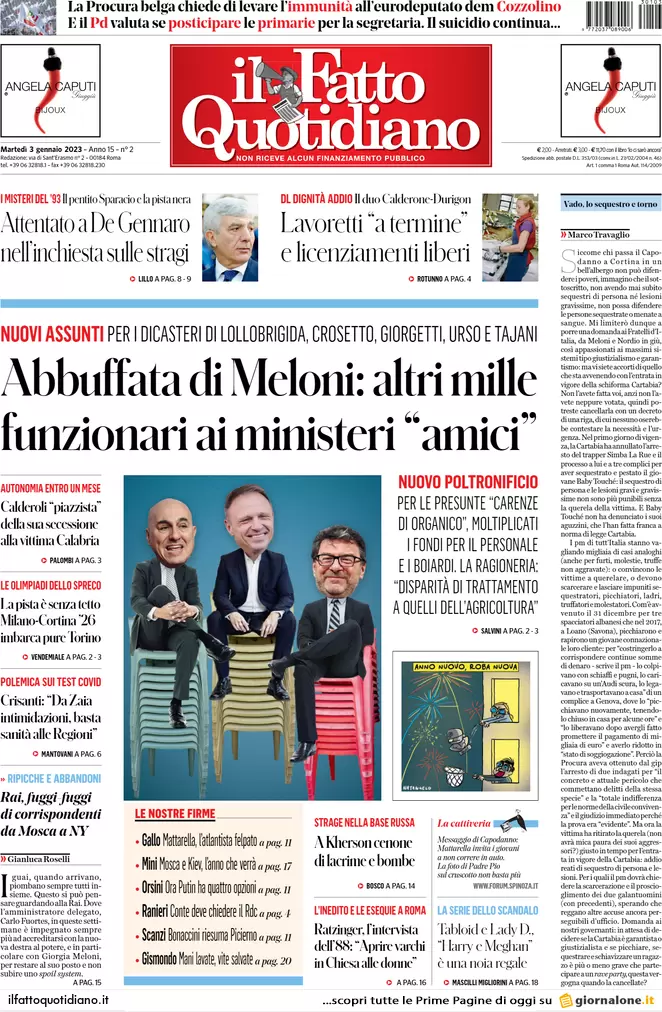 Prime pagine giornali 3 gennaio 2023. Qatar-gate, nuovi indagati a Bruxelles