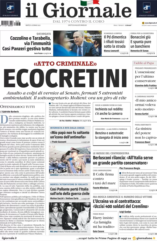Prime pagine giornali 3 gennaio 2023. Qatar-gate, nuovi indagati a Bruxelles