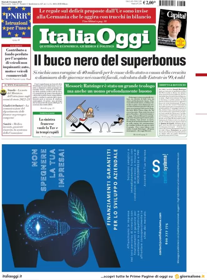 Prime pagine giornali economici 3 gennaio. Manovra, le 10 agevolazioni Irpef
