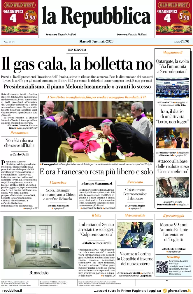 Prime pagine giornali 3 gennaio 2023. Qatar-gate, nuovi indagati a Bruxelles