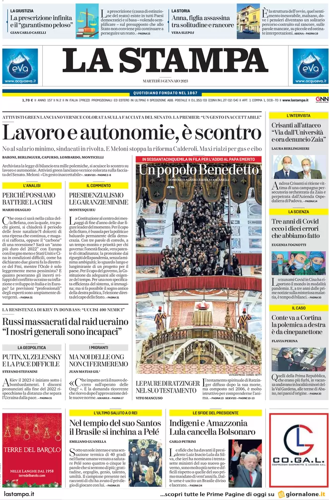 Prime pagine giornali 3 gennaio 2023. Qatar-gate, nuovi indagati a Bruxelles