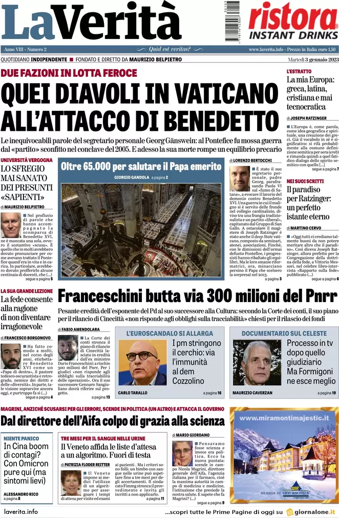Prime pagine giornali 3 gennaio 2023. Qatar-gate, nuovi indagati a Bruxelles