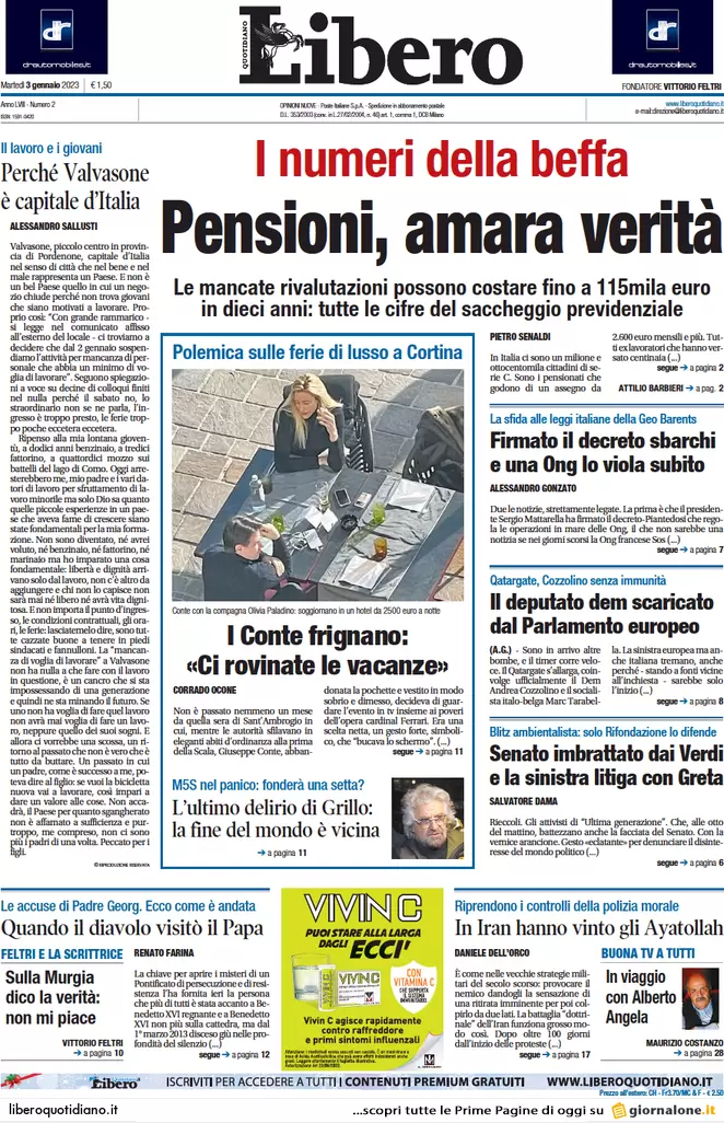 Prime pagine giornali 3 gennaio 2023. Qatar-gate, nuovi indagati a Bruxelles