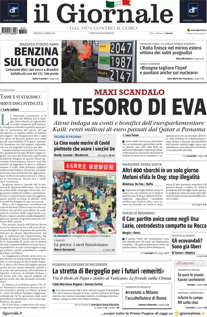 Prime pagine giornali 4 gennaio 2023. Test Covid, scontro tra Cina e Europa