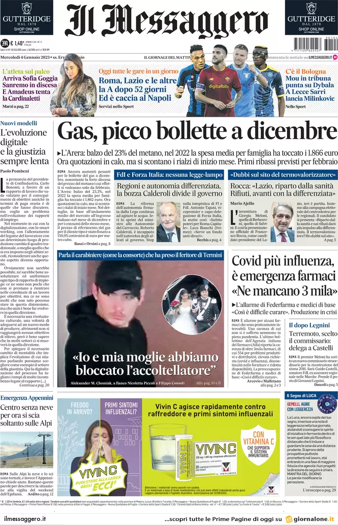 Prime pagine giornali 4 gennaio 2023. Test Covid, scontro tra Cina e Europa