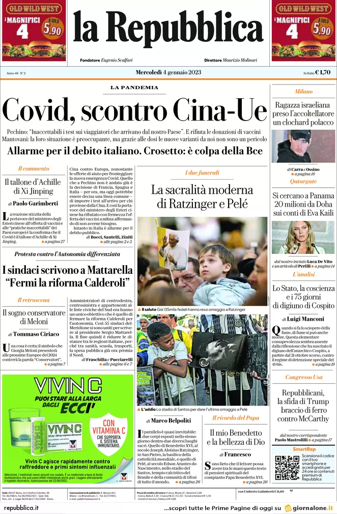 Prime pagine giornali 4 gennaio 2023. Test Covid, scontro tra Cina e Europa