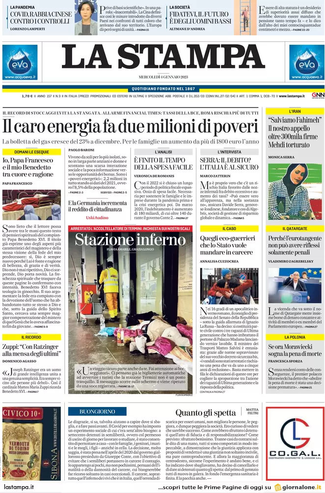 Prime pagine giornali 4 gennaio 2023. Test Covid, scontro tra Cina e Europa