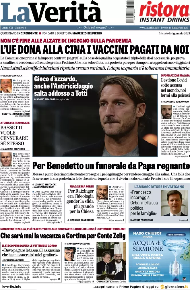 Prime pagine giornali 4 gennaio 2023. Test Covid, scontro tra Cina e Europa