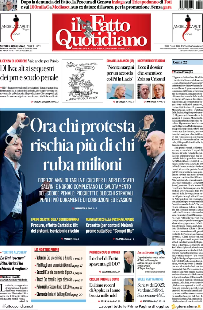 Prime pagine giornali 5 gennaio 2023. Covid, tamponi a chi vola dalla Cina