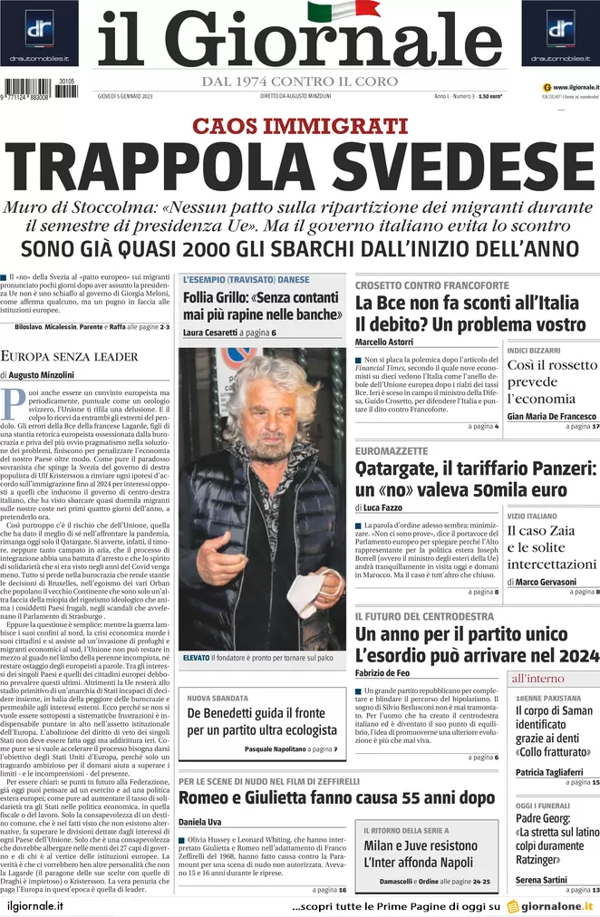 Prime pagine giornali 5 gennaio 2023. Covid, tamponi a chi vola dalla Cina