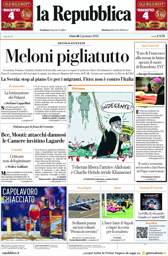 Prime pagine giornali 5 gennaio 2023. Covid, tamponi a chi vola dalla Cina