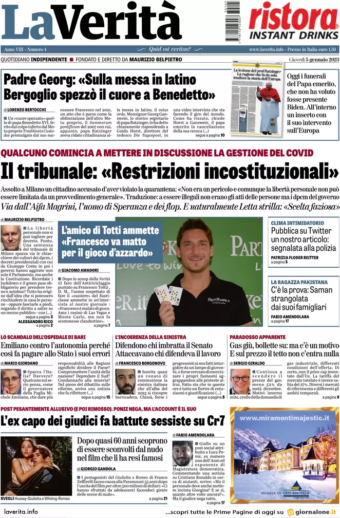 Prime pagine giornali 5 gennaio 2023. Covid, tamponi a chi vola dalla Cina